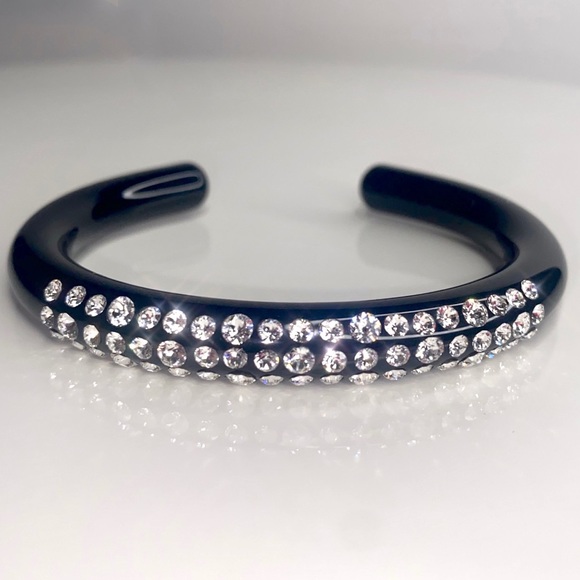 Women’s Black Acrylic Cuff Bracelet Embellished With Genuine AAA Crystals, New - Picture 10 of 13